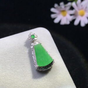 18K green jadeite Ruyi pendant full view with 28.3x14.4x6.3mm size