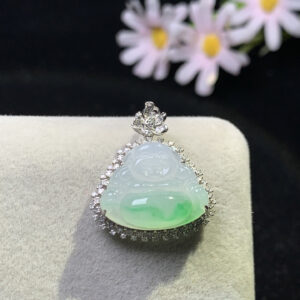 18K gold carved jadeite pendant with icy green Buddha front view, size 25.4×22.3×9mm