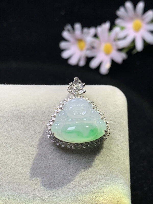 18K gold carved jadeite pendant with icy green Buddha front view, size 25.4×22.3×9mm