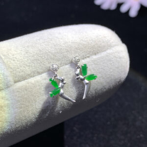 Front view of 18K gold jade stud earrings with natural-shaped apple green jadeite