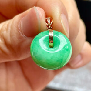 Glassy Green Jade Peace Pendant – Semi-Icy Jadeite Donut with Gold Clasp for Harmony and Protection