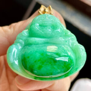 Green Jade Buddha Pendant with Gold Bail – Semi-Icy Jadeite Symbol of Peace and Protection