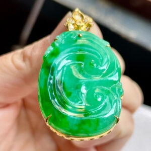 Semi-Icy Green Jade Ruyi Pendant with Gold and Diamond Accents – Symbol of Good Fortune and Power