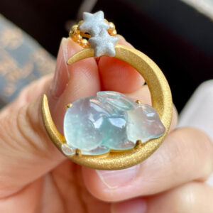 Icy Blue-Green Jadeite Rabbit Pendant with Gold Setting – Symbol of Grace and Good Fortune