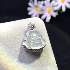 Front view of 18K gold white jade pendant with high-icy Buddha carving