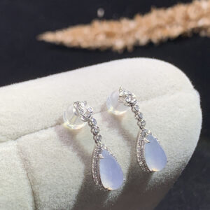 Front view of elegant 18K white ice genuine jade earrings in waterdrop design