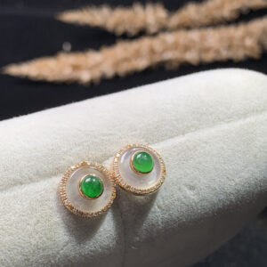 Front view of 18K gold green jade earrings featuring high-ice peace buckle jade
