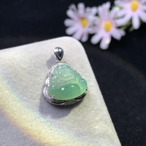 18K gold carved green jadeite pendant with icy green Buddha front view, size 23×18.2×6.2mm