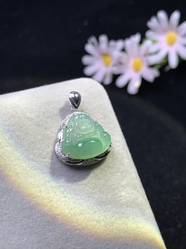 18K gold carved green jadeite pendant with icy green Buddha front view, size 23×18.2×6.2mm
