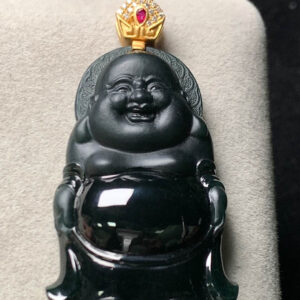 jade black standing Buddha pendant front view