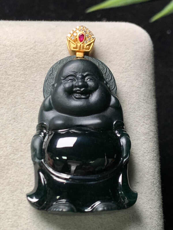 jade black standing Buddha pendant front view