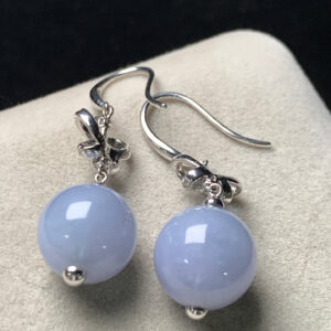 Front view of jade dangle earrings with ice lavender jade beads set in 18K gold