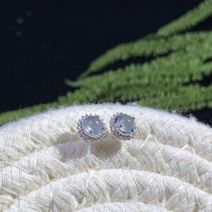 Front view of 18K gold jade earrings hoop with ice blue oval jade stones