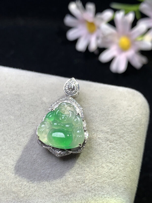 18K jade stone pendant with icy green floating Buddha attached to gold necklace chain