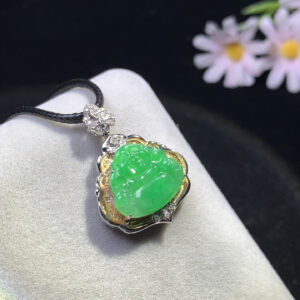Necklace with jade pendant featuring full green jade Laughing Buddha in 18K gold