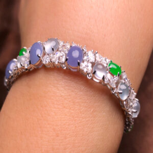 Main view of pink jade bracelet with 18K gold and green jadeite