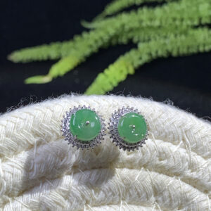 Front view of 18K gold real jade earrings featuring green peace buckle design, size 10×5.3mm