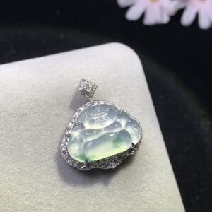 Front view of real jade pendant with ice green Buddha in 18K gold