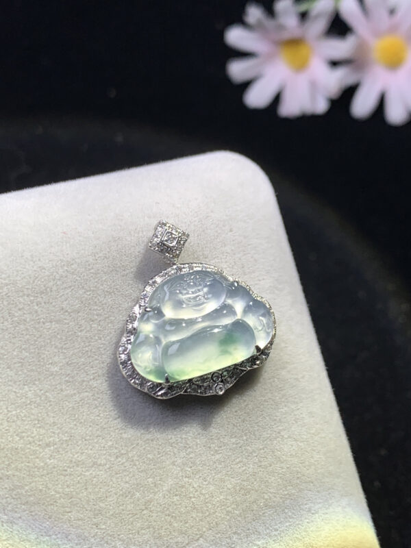 Front view of real jade pendant with ice green Buddha in 18K gold