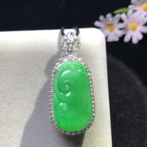 Real jade full green Ruyi pendant in 18K gold, front view