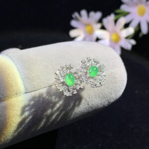 Front view of 18K gold stud jade earrings with full green oval jade stones, size 12.1×13×4.8mm