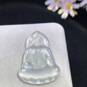 High-ice white jade Buddha pendant front view showing minimalist Guanyin carving