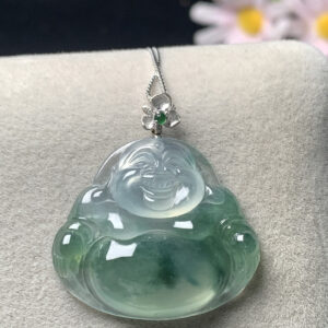Icy jadeite stone with natural floating patterns (piao hua) in Happy Buddha pendant