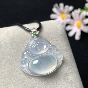 Close-up of 18K white gold jade Buddha necklace with high-ice translucent jadeite pendant