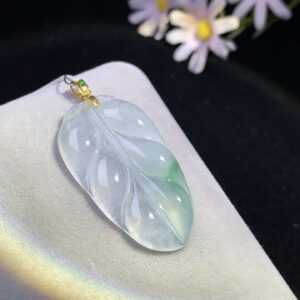 18K Ice Green Jadeite Leaf Pendant | 46.2mm x 22.8mm | Symbol of Harmony & Prosperity