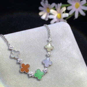 18K Multicolor Four-Leaf Clover Bracelet | Brown, White, Green, Purple, Light Yellow | 8.5mm x 1.5mm