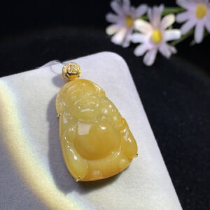 18K Ice-Yellow God of Wealth Jadeite Pendant | 39.3mm x 23.4mm x 9mm | 32.6mm x 23.4mm x 5mm Raw Stone