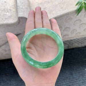 Full-Round Soft Icy Jadeite Bangle with Floating Green – 53.4mm | Fine Old Mine Jade