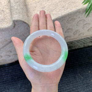 White Base Green Jadeite Full Round Bangle | 56.7mm Inner Diameter | Smooth & Translucent with Natural Silk Inclusions