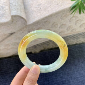 Natural Ice Yellow Jadeite Bangle with Green Floating Patterns – Round Shape 55mm, Grade A Jade