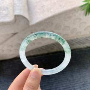 Icy Floral Jadeite Bangle – Plump Round Bar, 53.4mm