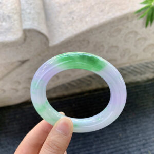 Spring-Color Jadeite Bangle – Purple & Green Plump Round Bar, 53.9mm